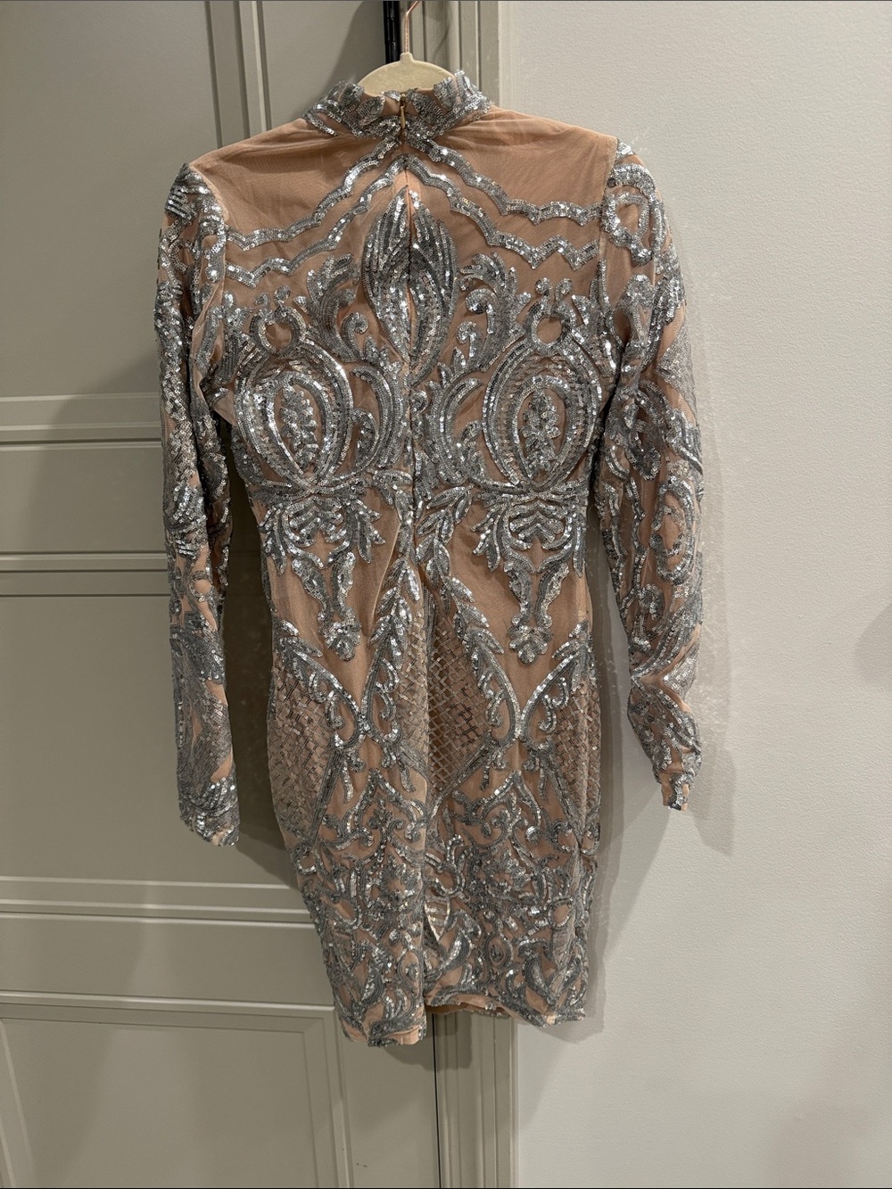 Embellished Nude Long-Sleeve Cocktail Dress with Silver Sequins by La - Picture 5 of 9